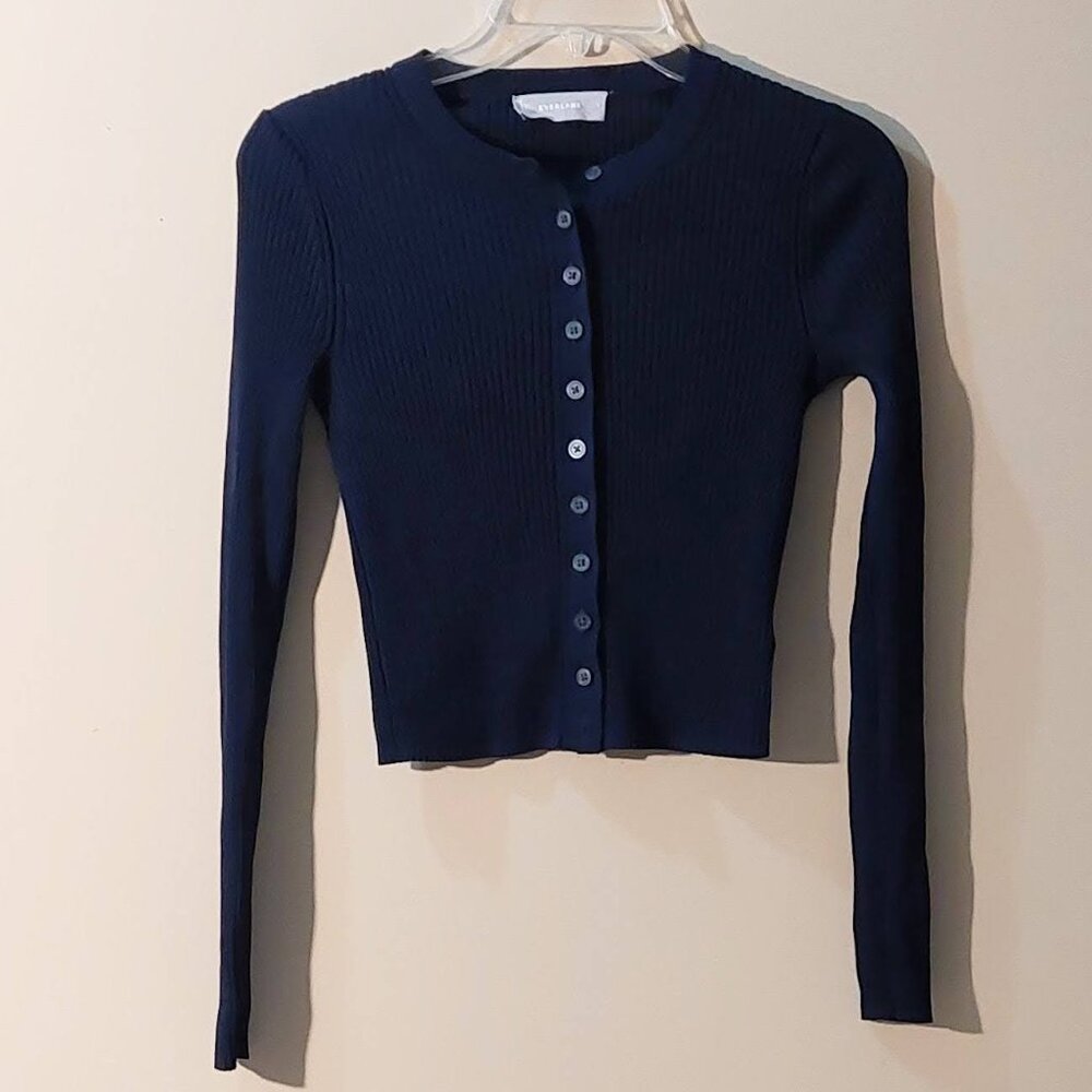 Everlane Navy Ribbed Cropped Button Front Cardigan Size: S